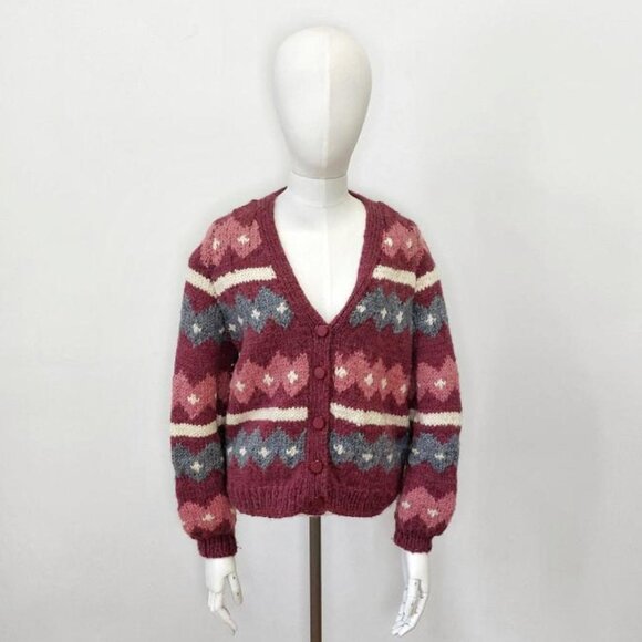 Burgundy, pink, white and gray heavy knit handmade Button-up Cardigan Sweater - Picture 1 of 4